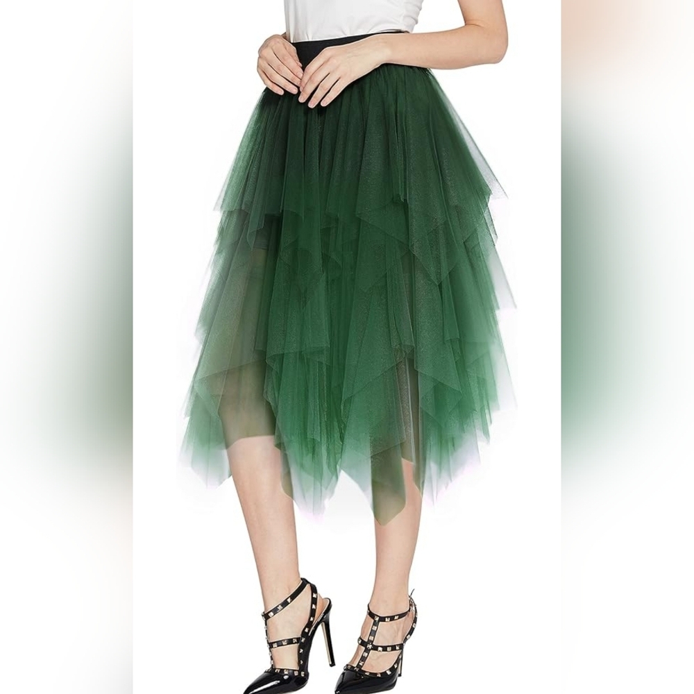 Women's Sheer Tutu Skirt Tulle Mesh Layered Midi Skirt Dark Green